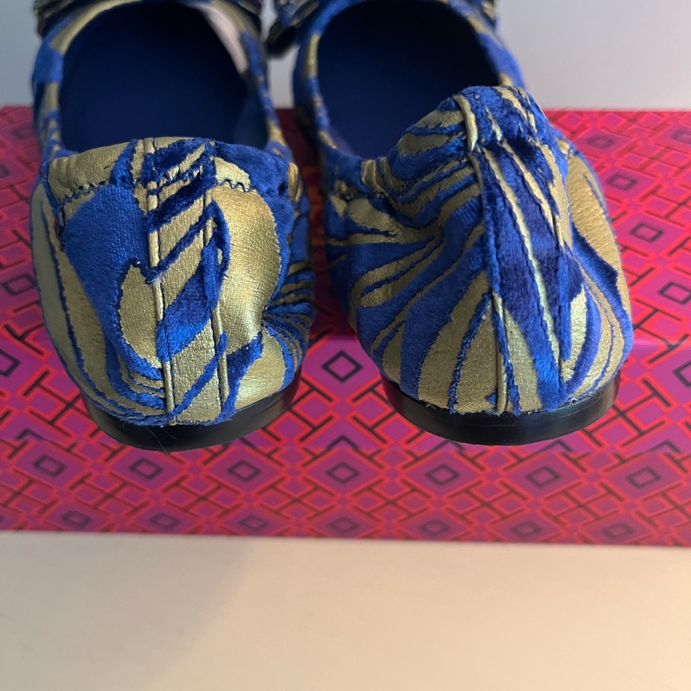 Tory Burch Blue and Gold Flats with Rhinestone Bow - Picture 5 of 6